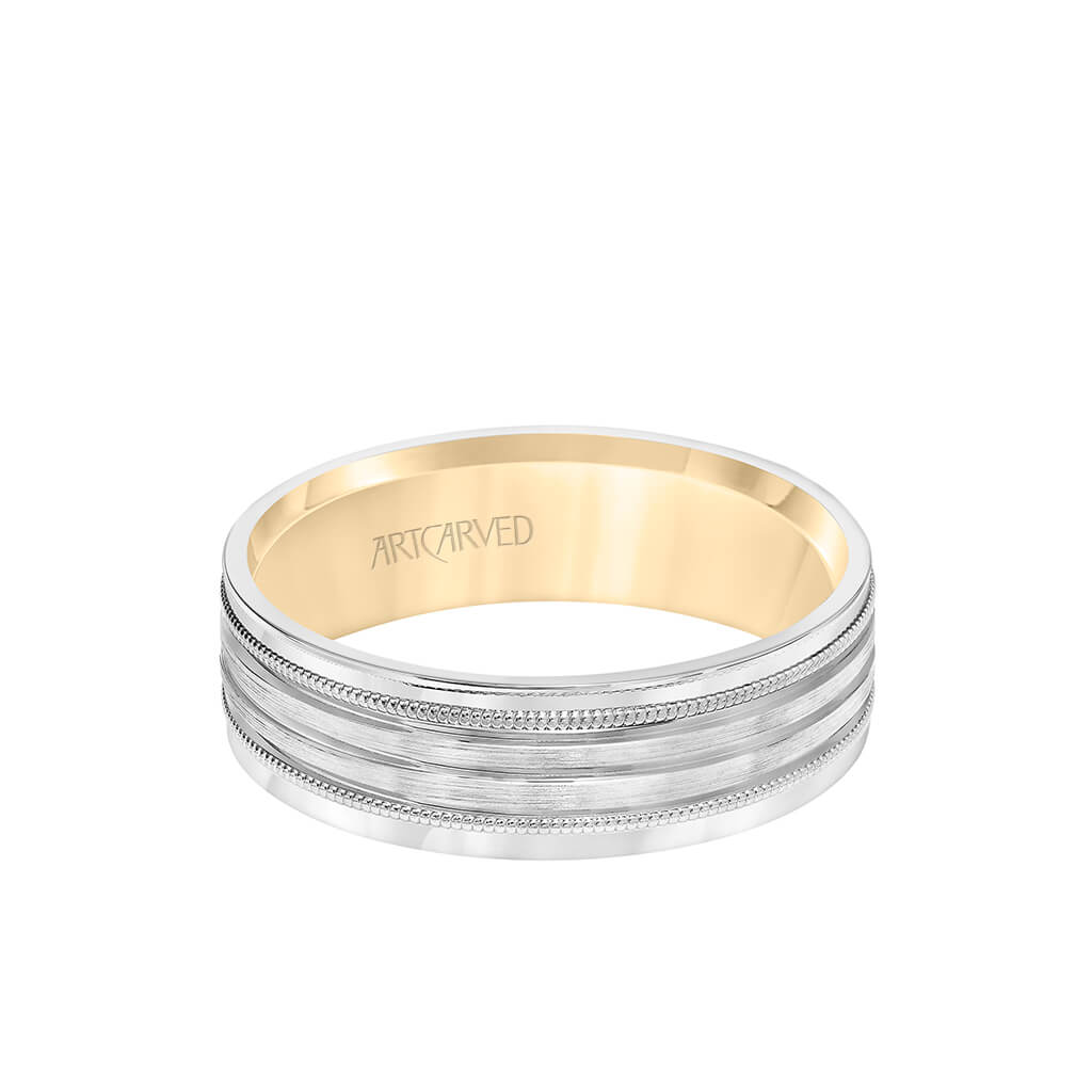 6MM Men's Wedding Band - Brush Finish with Polished Cuts and Milgrain Accents with Yellow Gold Interior and Flat Edge