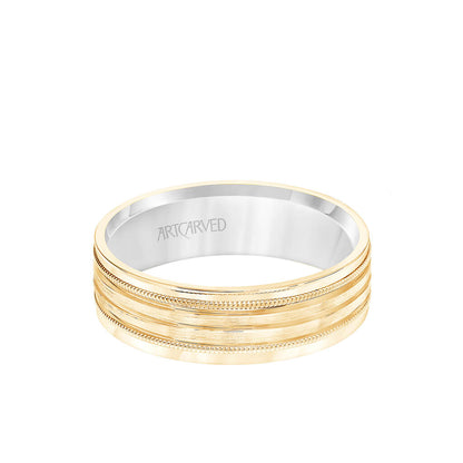 6MM Men's Wedding Band - Brush Finish with Polished Cuts and Milgrain Accents with Yellow Gold Interior and Flat Edge