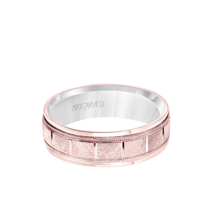 6.5MM Men's Wedding Band - White Gold Stone Finish with Vertical Cut Center with Milgrain Accents with Rose Gold Interior and Round Edge