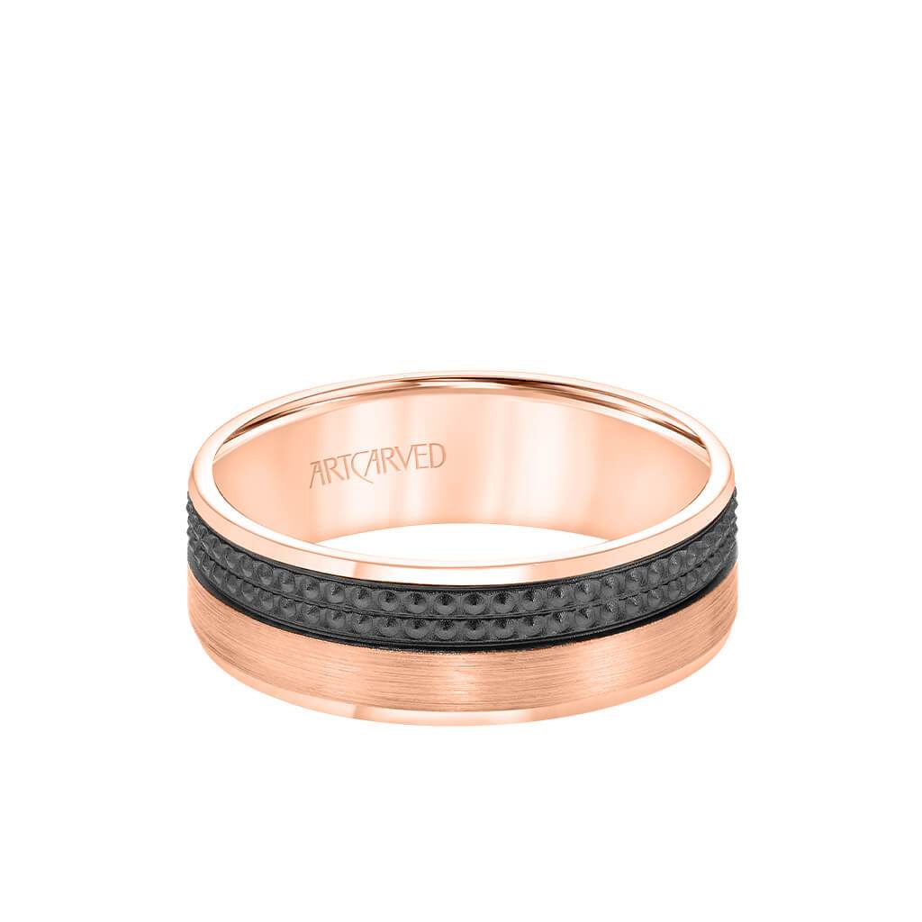 7MM Men's Wedding Band - Brush Finish with Textured Black Rhodium and Flat Edge