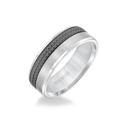 7MM Men's Wedding Band - Brush Finish with Textured Black Rhodium and Flat Edge