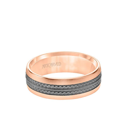 7MM Men's Wedding Band - Matte Finish with Textured Black Rhodium with Milgrain Accents and Flat Edge