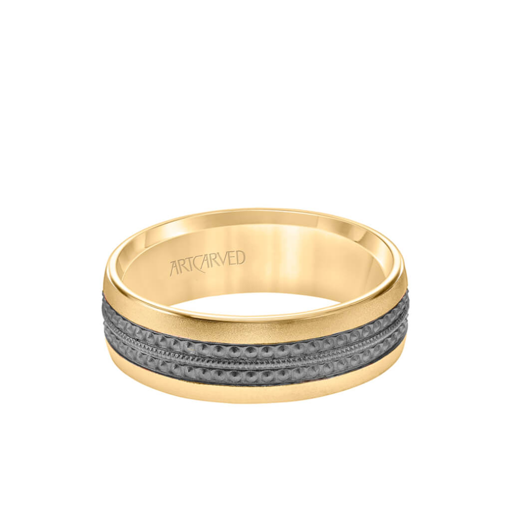 7MM Men's Wedding Band - Matte Finish with Textured Black Rhodium with Milgrain Accents and Flat Edge