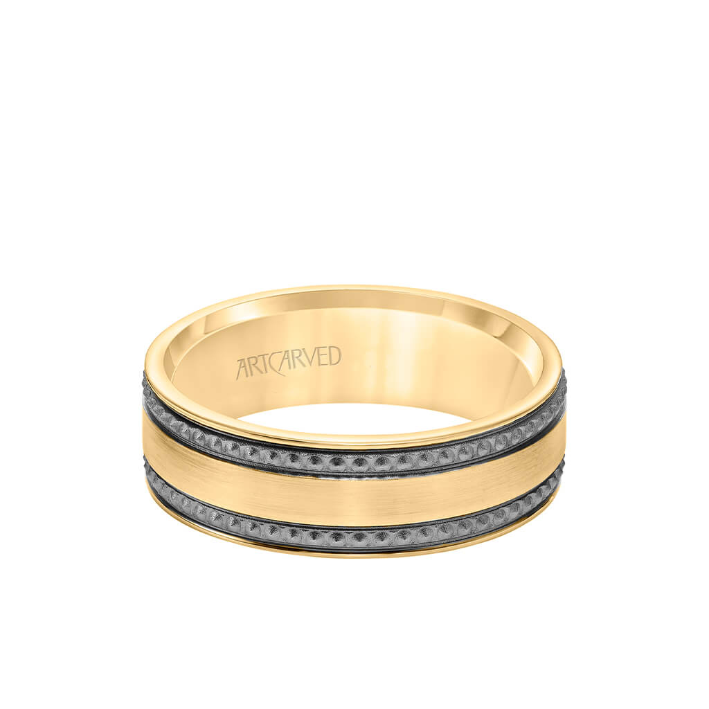 7MM Men's Wedding Band - Satin Soft Sand Finished with Textured Black Rhodium and Flat Edge