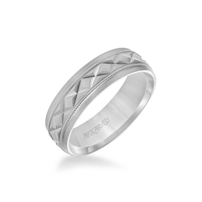 6.5MM Men's Wedding Band - Brush Milgrain Finish with Swiss Cut X Design and Flat Edge