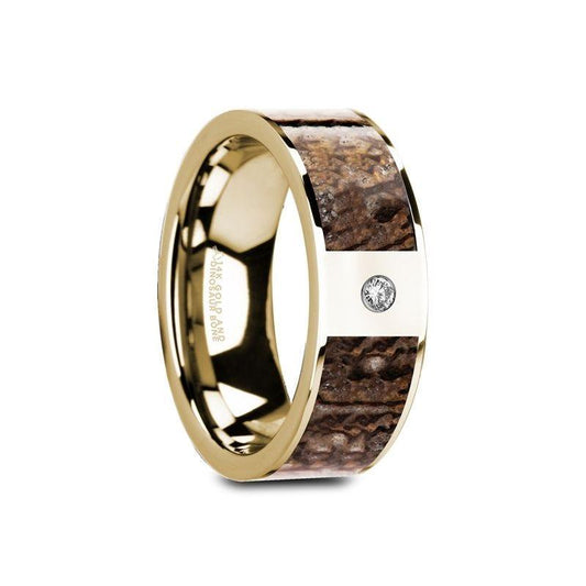 GLAUCE Flat Polished 14K Yellow Gold Ring with Brown Dinosaur Bone & White Diamond Setting - 8mm