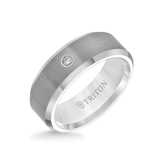 8MM Tungsten Diamond Ring - Solitaire Satin Finish Center and Bevel Edge