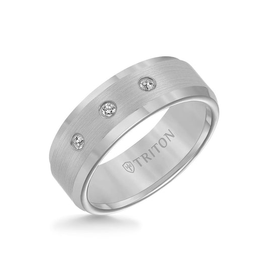 8MM Tungsten Diamond Ring - 3 Stone Satin Finish Center and Bevel Edge