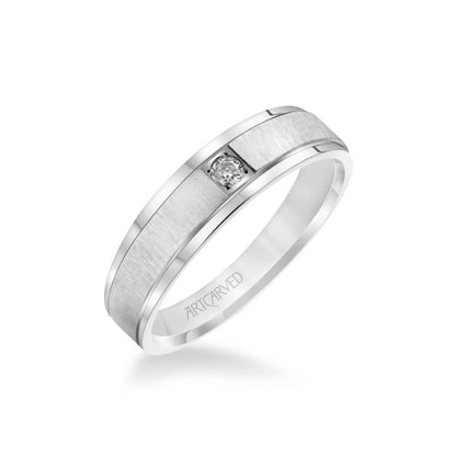 6MM Men's Classic Single Stone Diamond Wedding Band -  Vertical Brush Finish and Rolled Edge