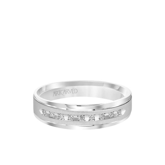 6MM Men's Classic Nine Stone Diamond Wedding Band - Vertical Brush Finish and Rolled Edge