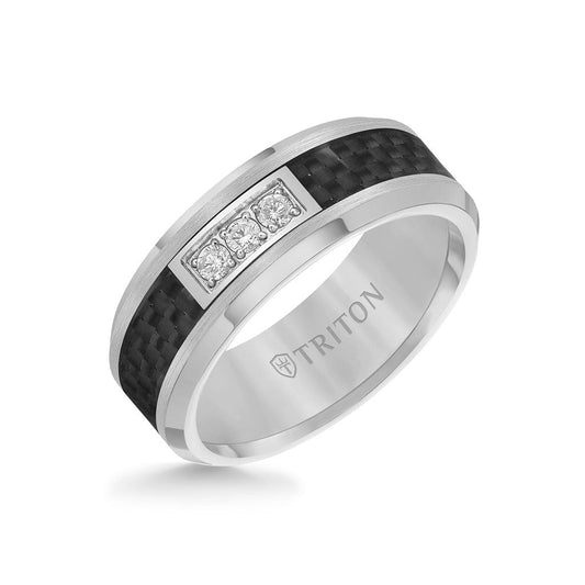 8MM 3 Stone Diamond Black Carbon Fiber Ring with Bevel Edge