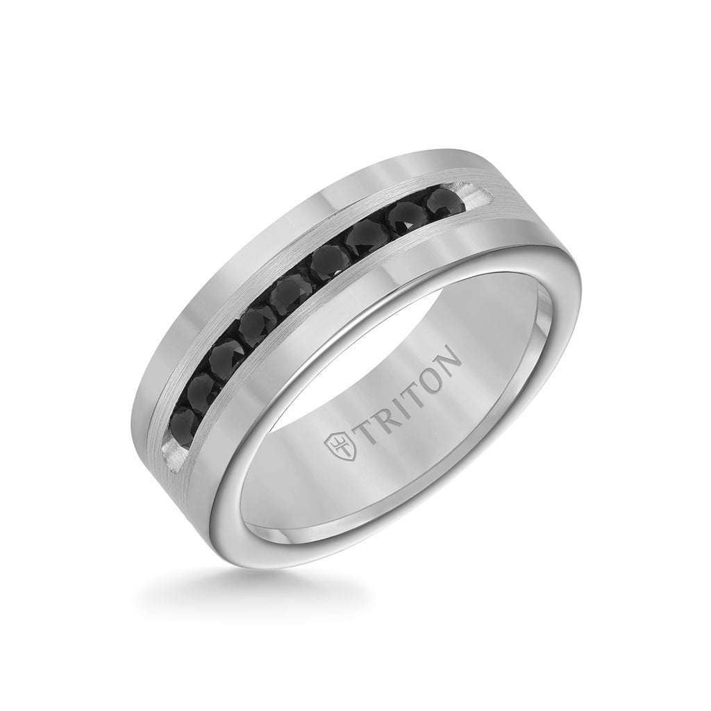 8MM Ring - Black Diamonds Silver Satin Finish and Round Edge