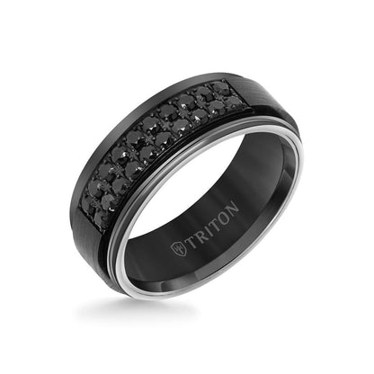 8MM Black Tungsten Carbide Ring - Black Sapphires & Step Edge