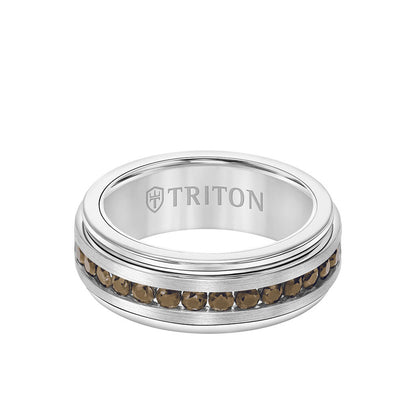 8MM Tungsten Carbide Ring - Stone Channel Set Silver Satin Finish