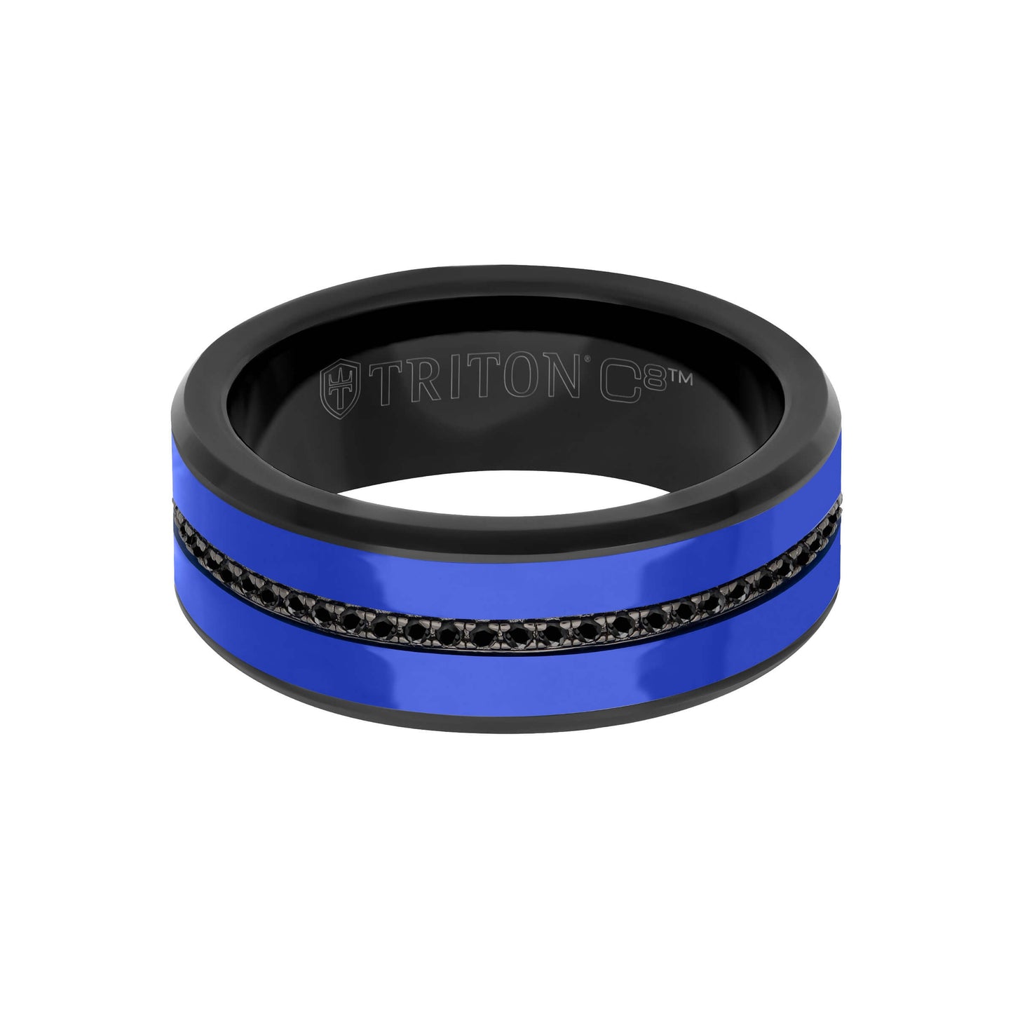 8MM Tungsten Carbide Ring - Ceramic Inlay with Eternity Black Sapphires and Broken Edge