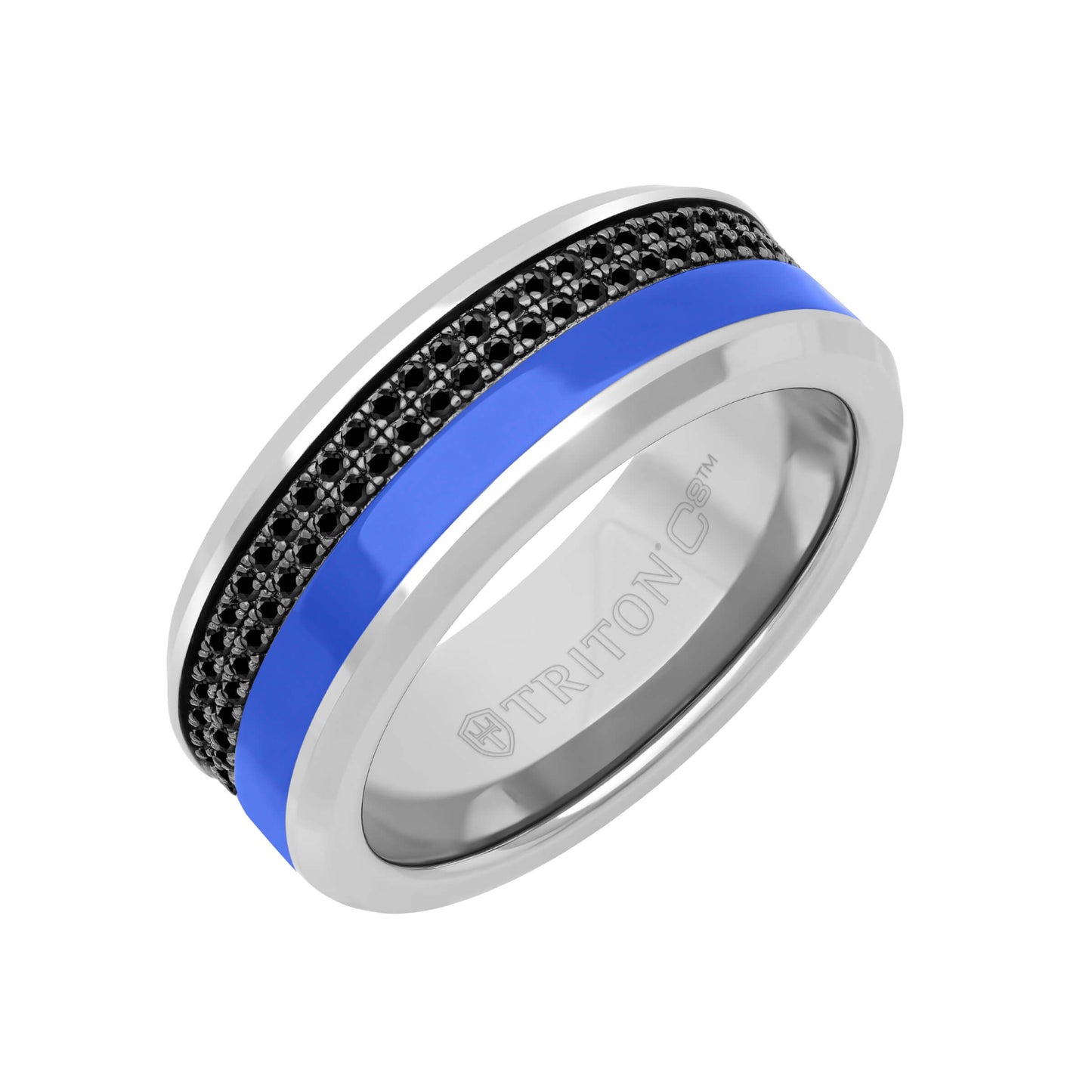 8MM Tungsten Carbide Ring - Asymmetrical Ceramic Channel with Double Row Eternity Black Sapphires and Beveled Edge