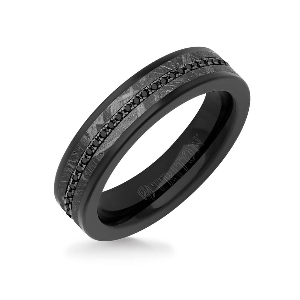 5.5MM Tungsten Carbide Ring - Meteorite Inlay with Eternity Black Sapphires and Flat Edge