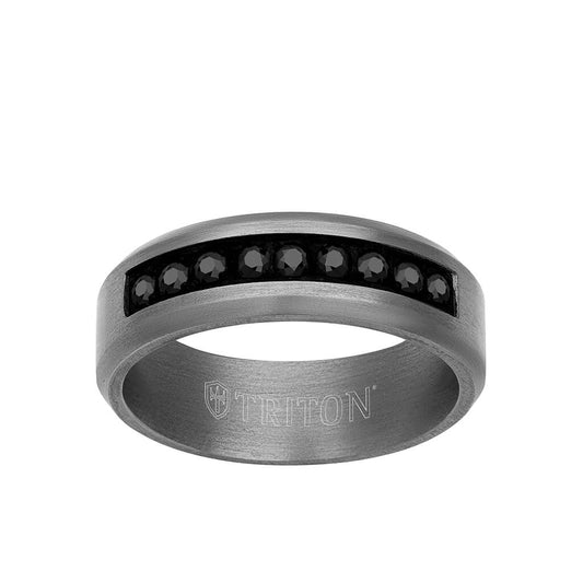 7MM Tantalum Ring - Channel Set Black Sapphires and Bevel Edge