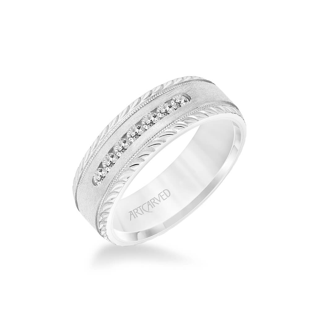 7MM Men's Seven Stone Diamond Wedding Band - Crystalline Finish with Milgrain and Leaf Design Bevel Edge