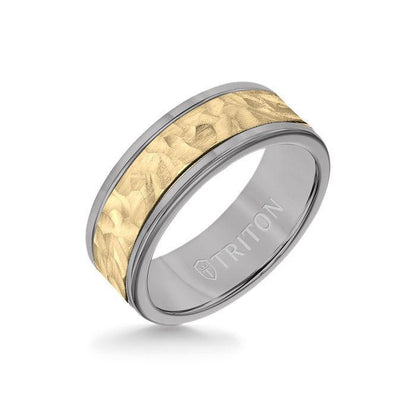 8MM Grey Tungsten Carbide Ring - Hammered 14K Yellow Gold Insert with Round Edge