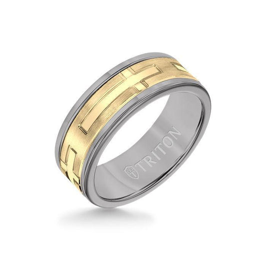 8MM Grey Tungsten Carbide Ring - Religious 14K Yellow Gold Insert with Round Edge