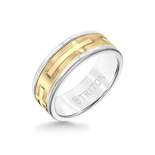 8MM White Tungsten Carbide Ring - Religious 14K Yellow Gold Insert with Round Edge
