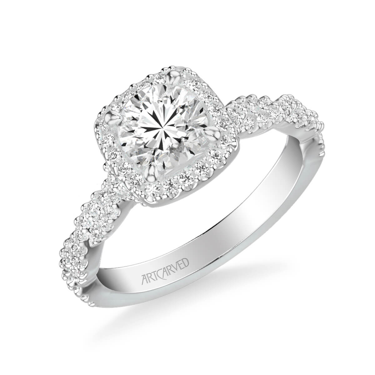 Eileen Contemporary Cushion Halo Round Center Twist Diamond Engagement Ring