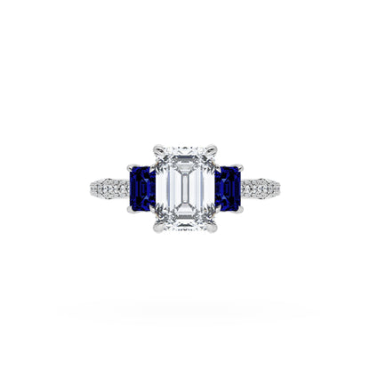 Emerald 3-Stone Engagement Ring in Blue Sapphire