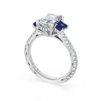 Emerald 3-Stone Engagement Ring in Blue Sapphire