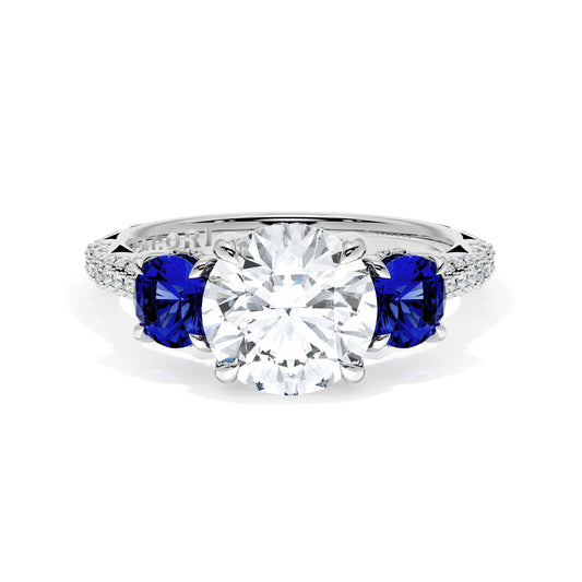 Round 3-Stone Engagement Ring in Blue Sapphire