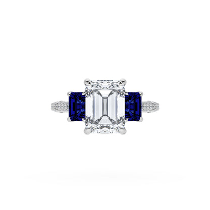 Emerald 3-Stone Engagement Ring in Blue Sapphire