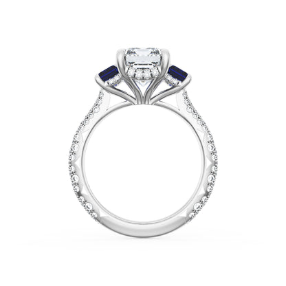 Emerald 3-Stone Engagement Ring in Blue Sapphire