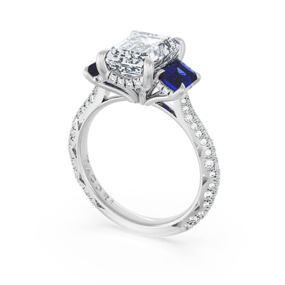 Emerald 3-Stone Engagement Ring in Blue Sapphire