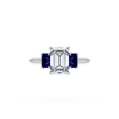 Emerald 3-Stone Engagement Ring in Blue Sapphire