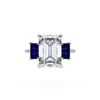 Emerald 3-Stone Engagement Ring in Blue Sapphire