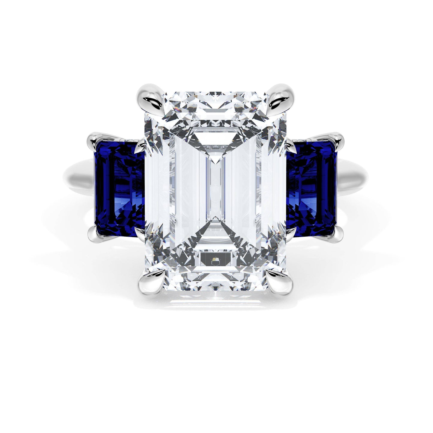Emerald 3-Stone Engagement Ring in Blue Sapphire