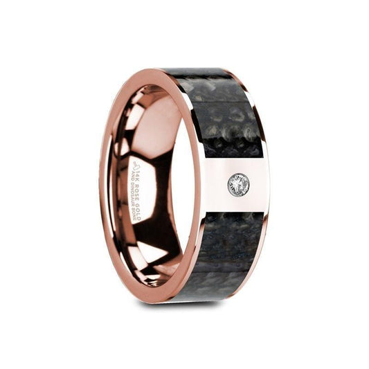 GALESI Flat 14K Rose Gold Ring with Blue Dinosaur Bone Inlay & White Diamond Setting - 8mm