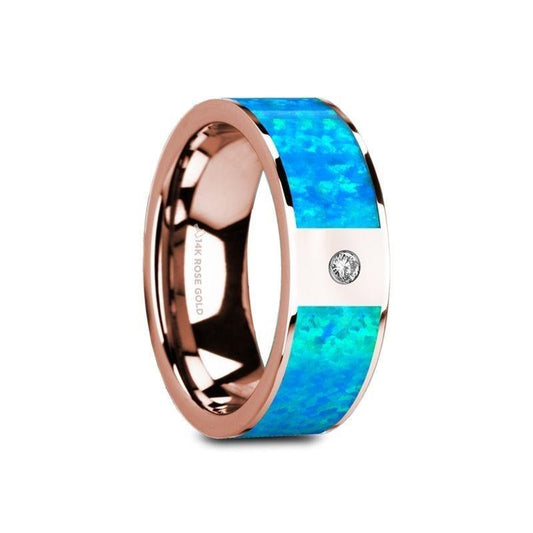 GAIOS Flat 14K Rose Gold Ring with Blue Opal Inlay & White Diamond Setting - 8mm