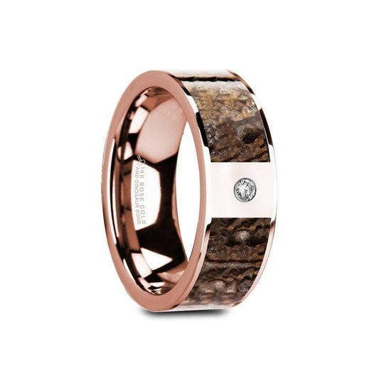 GAVINO Flat 14K Rose Gold Ring with Brown Dinosaur Inlay & White Diamond Setting - 8mm