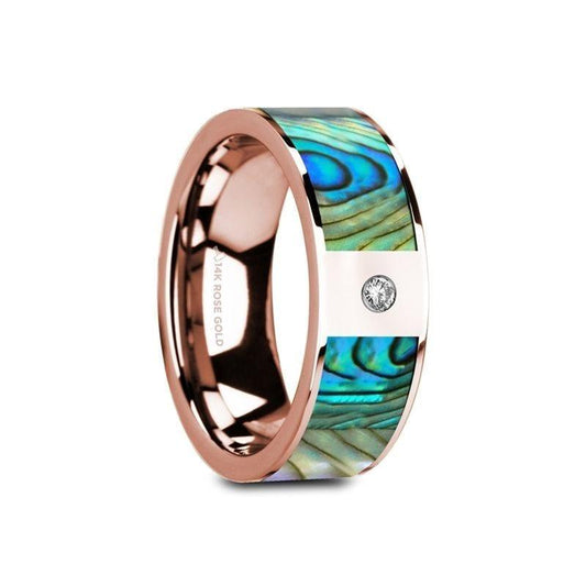 GRETAL Flat 14K Rose Gold Ring with Mother of Pearl Inlay & White Diamond Setting - 8mm