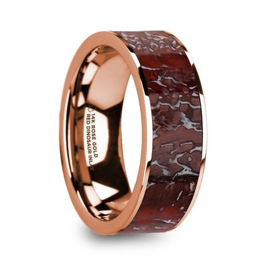 RAPTOR Flat 14K Rose Gold Ring with Red Dinosaur Bone Inlay - 8mm