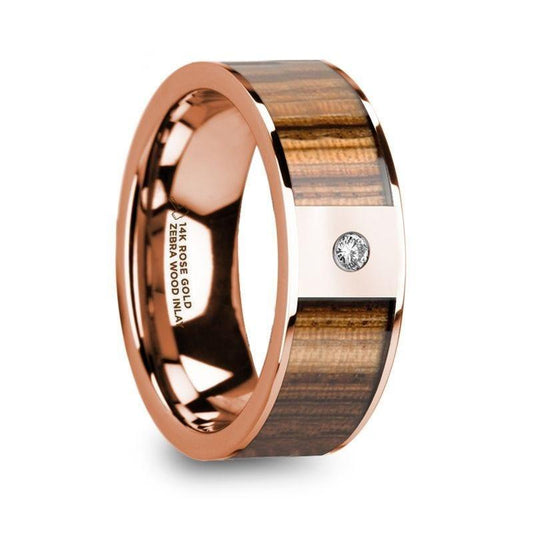 GLAUCUS Flat 14K Rose Gold Ring with Zebra Wood Inlay & White Diamond Setting - 8mm