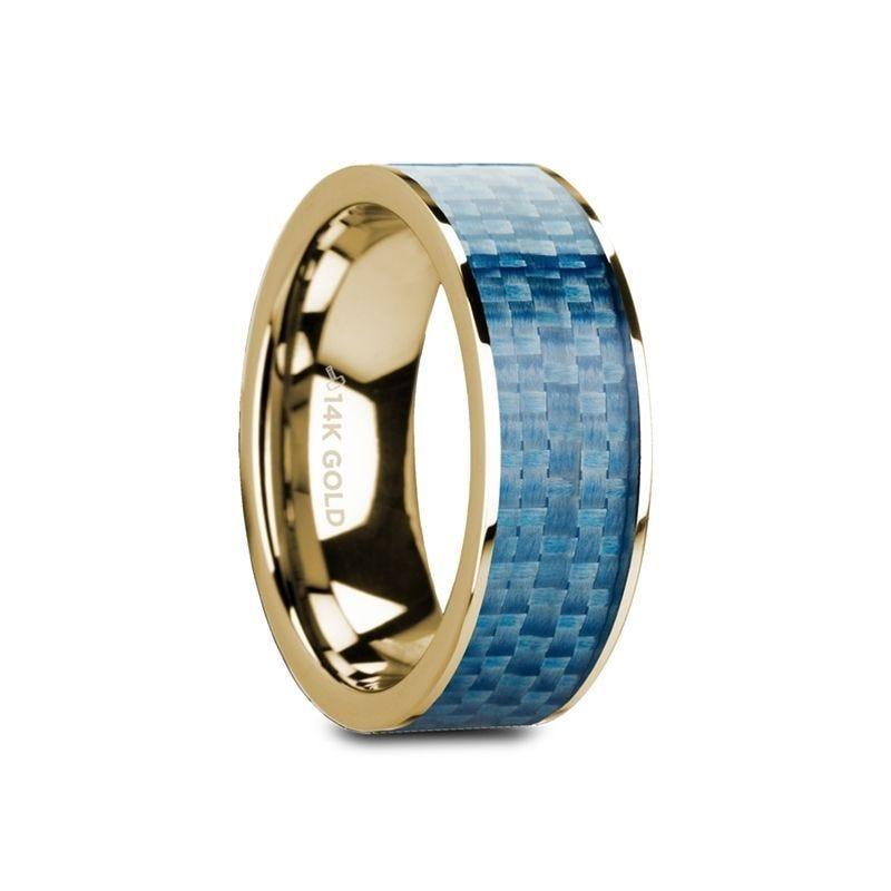 GERYON Flat 14K Yellow Gold Ring with Blue Carbon Fiber Inlay and Polished Edges - 8mm