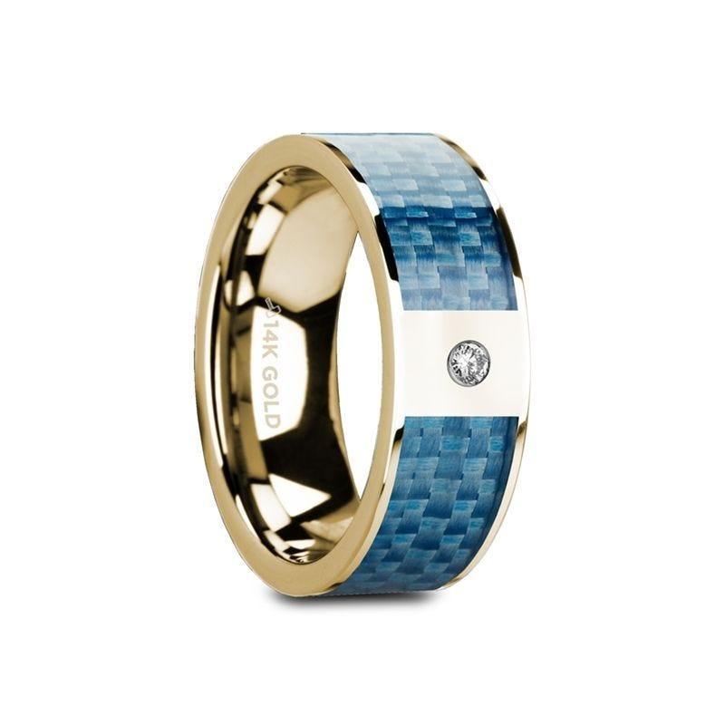 GILES Flat 14K Yellow Gold Ring with Blue Carbon Fiber Inlay & White Diamond Setting - 8mm