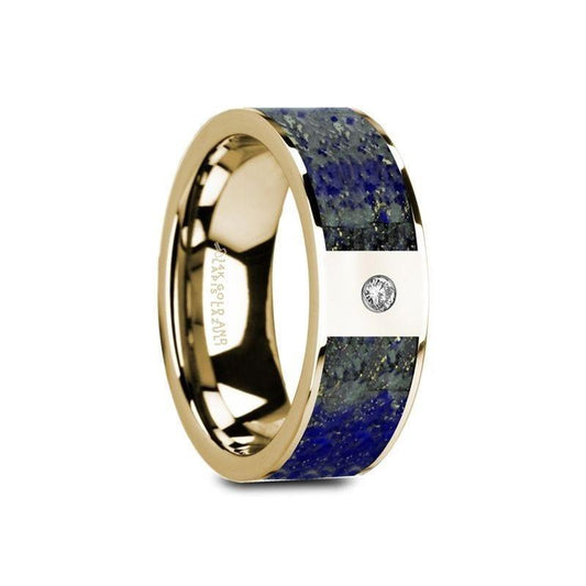 GENE Flat 14K Yellow Gold Ring with Blue Lapis Lazuli Inlay & White Diamond Setting - 8mm