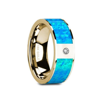 GELASIA Flat 14K Yelloiw Gold Ring with Blue Opal Inlay & White Diamond Setting - 8mm