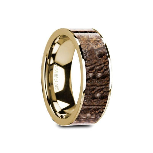 GALINTHIAS Flat 14K Yellow Gold Ring with Brown Dinosaur Bone Inlay and Polished Edges - 8mm