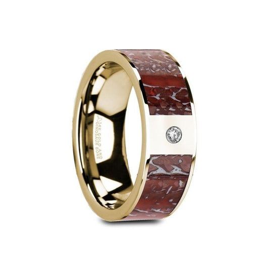 GAIA Flat 14K Yellow Gold Ring with Red Dinosaur Bone Inlay & White Diamond Setting - 8mm