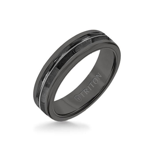 6MM Black Tungsten Carbide Ring - Chevron Black Titanium Insert with Round Edge