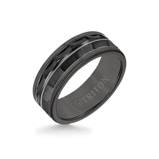 8MM Black Tungsten Carbide Ring - Chevron Black Titanium Insert with Round Edge